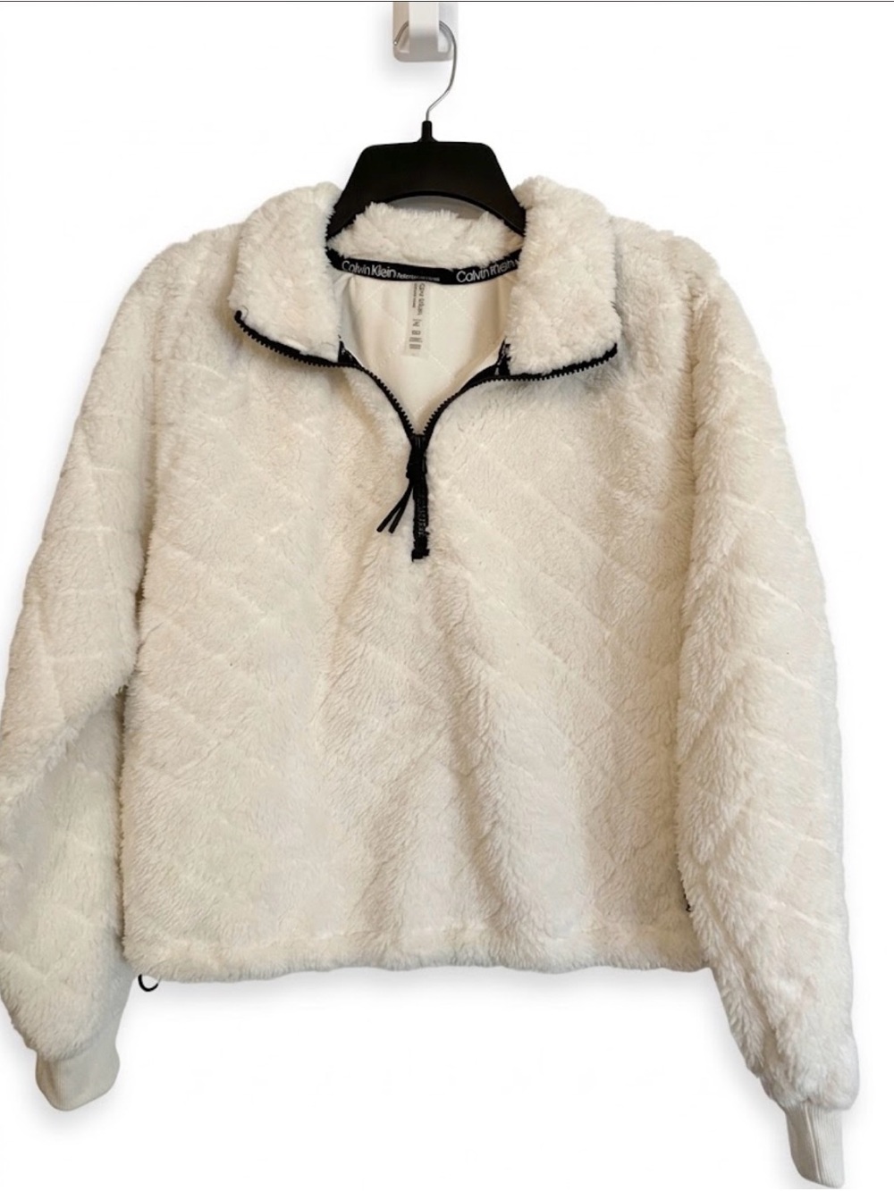 Calvin Klein White Faux Fur Sherpa Quarter-Zip Pullover Jacket, Sz L